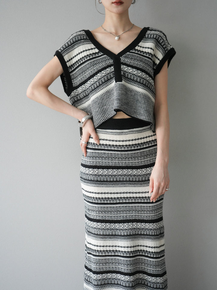 [予約]ガーター編み2WAYニットベスト/ホワイト×ブラック