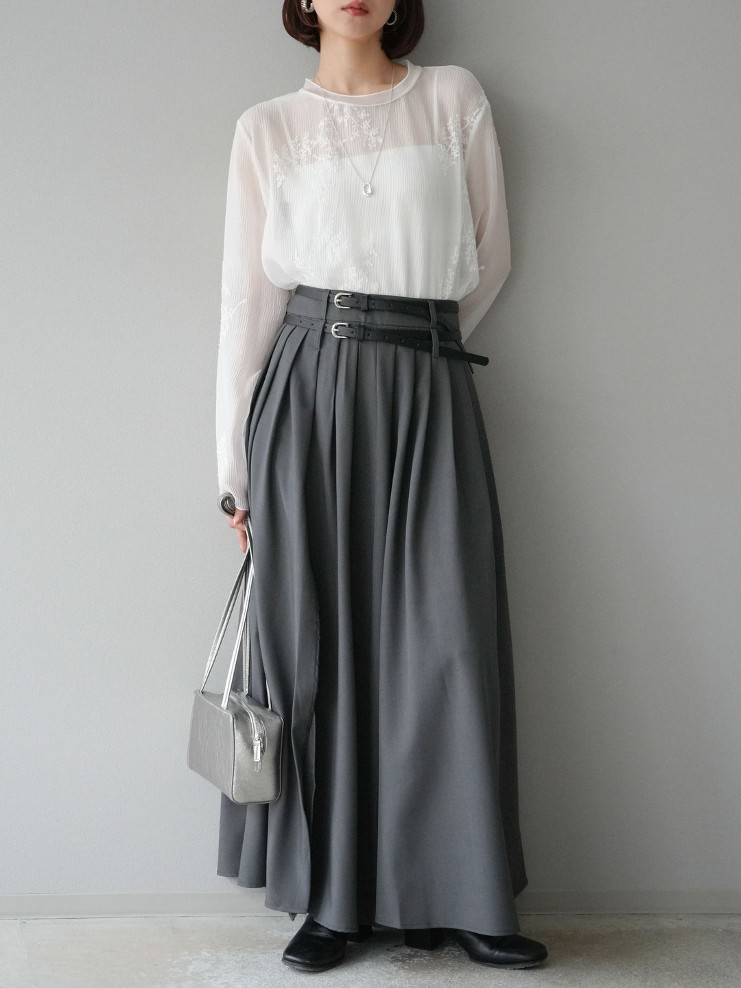 [予約]エステルプリーツスリットスカート/グレー