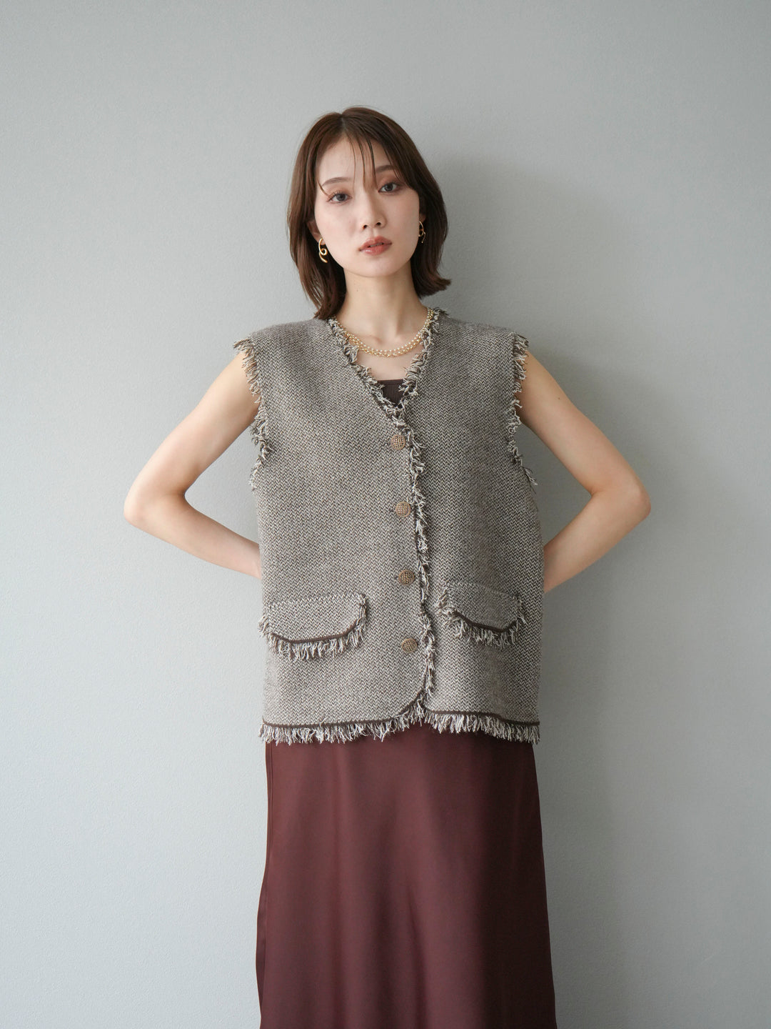 [予約]ツイードライクフリンジニットベスト/ブラウン