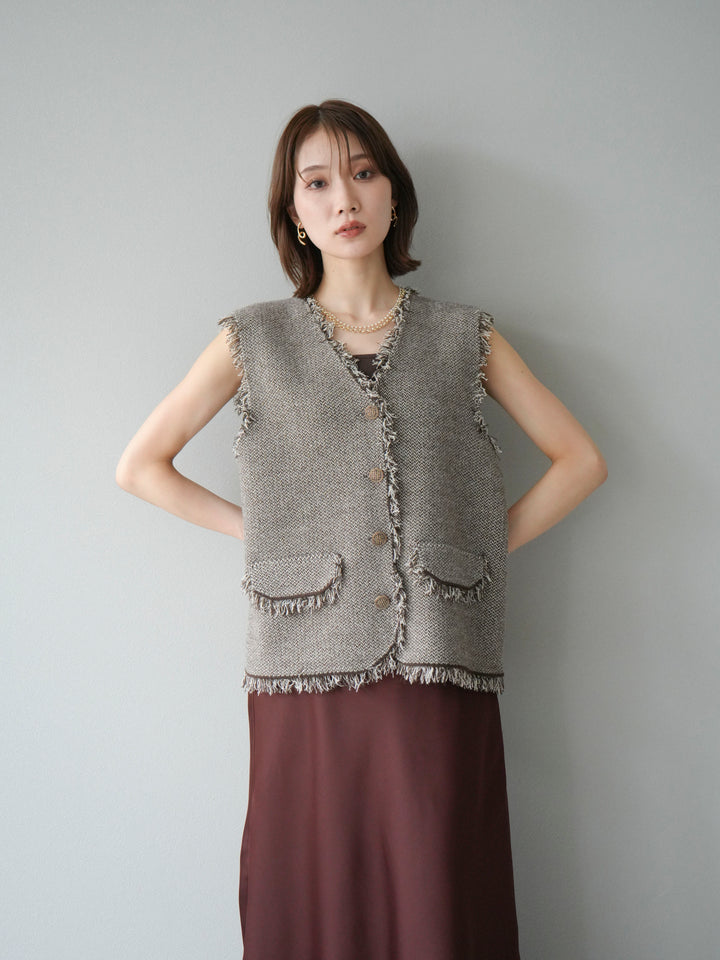 [予約]ツイードライクフリンジニットベスト/ブラウン