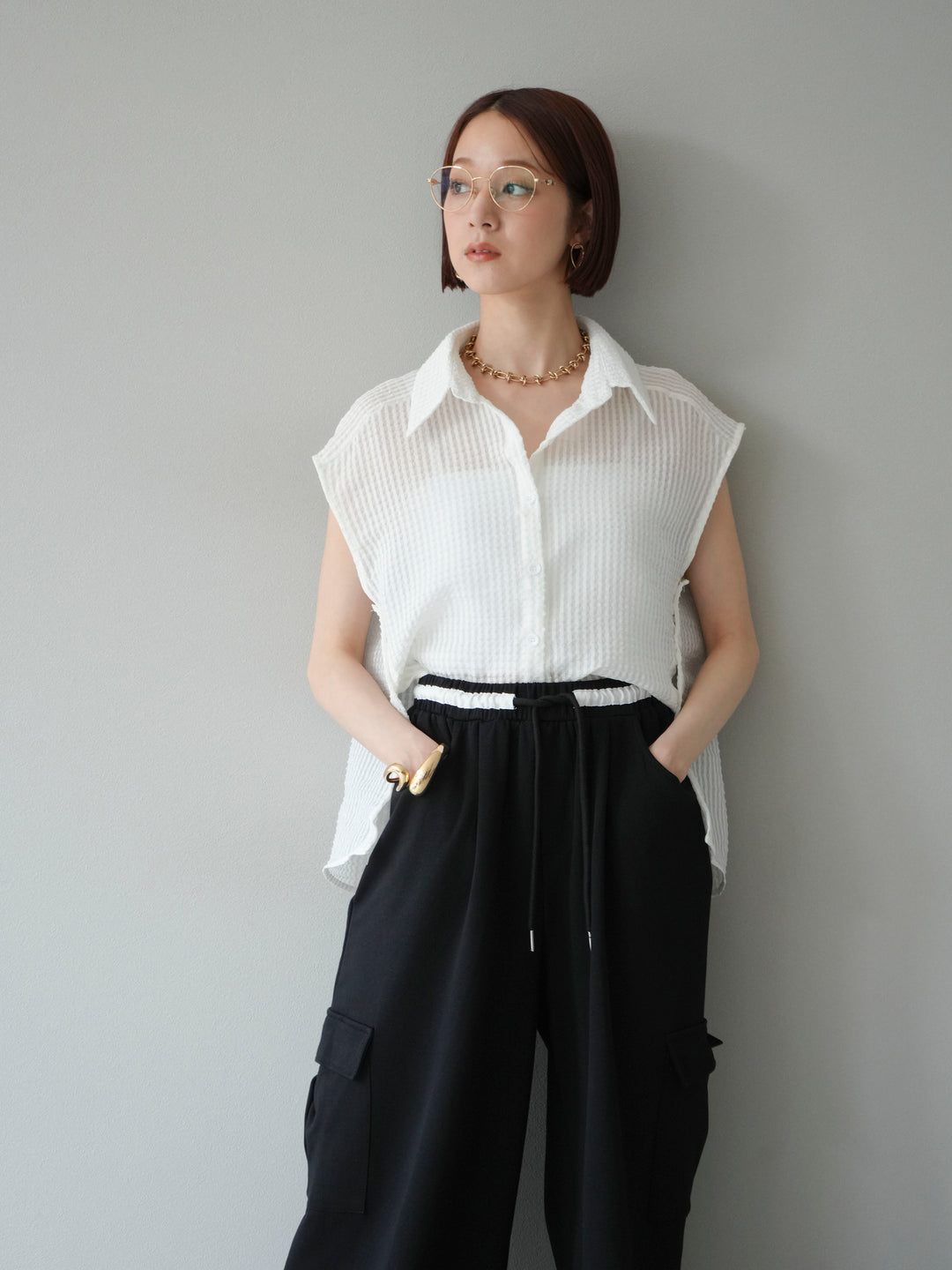 [予約]シアーチェックノースリーブシャツ/ホワイト