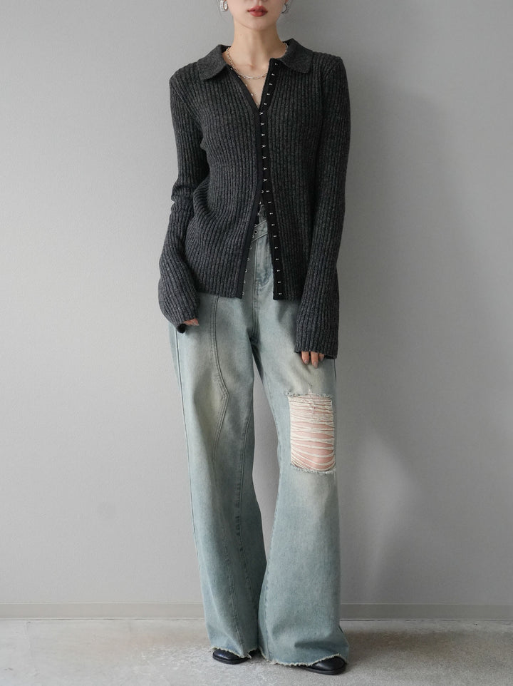 [預訂] 鉤眼細部領口針織開襟衫/炭灰