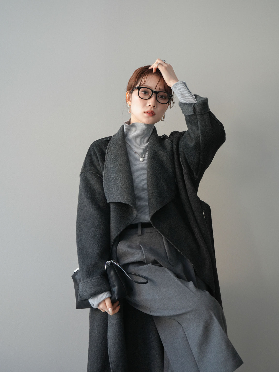 [予約]ダブルフェイスバイカラーロングコート/charcoal