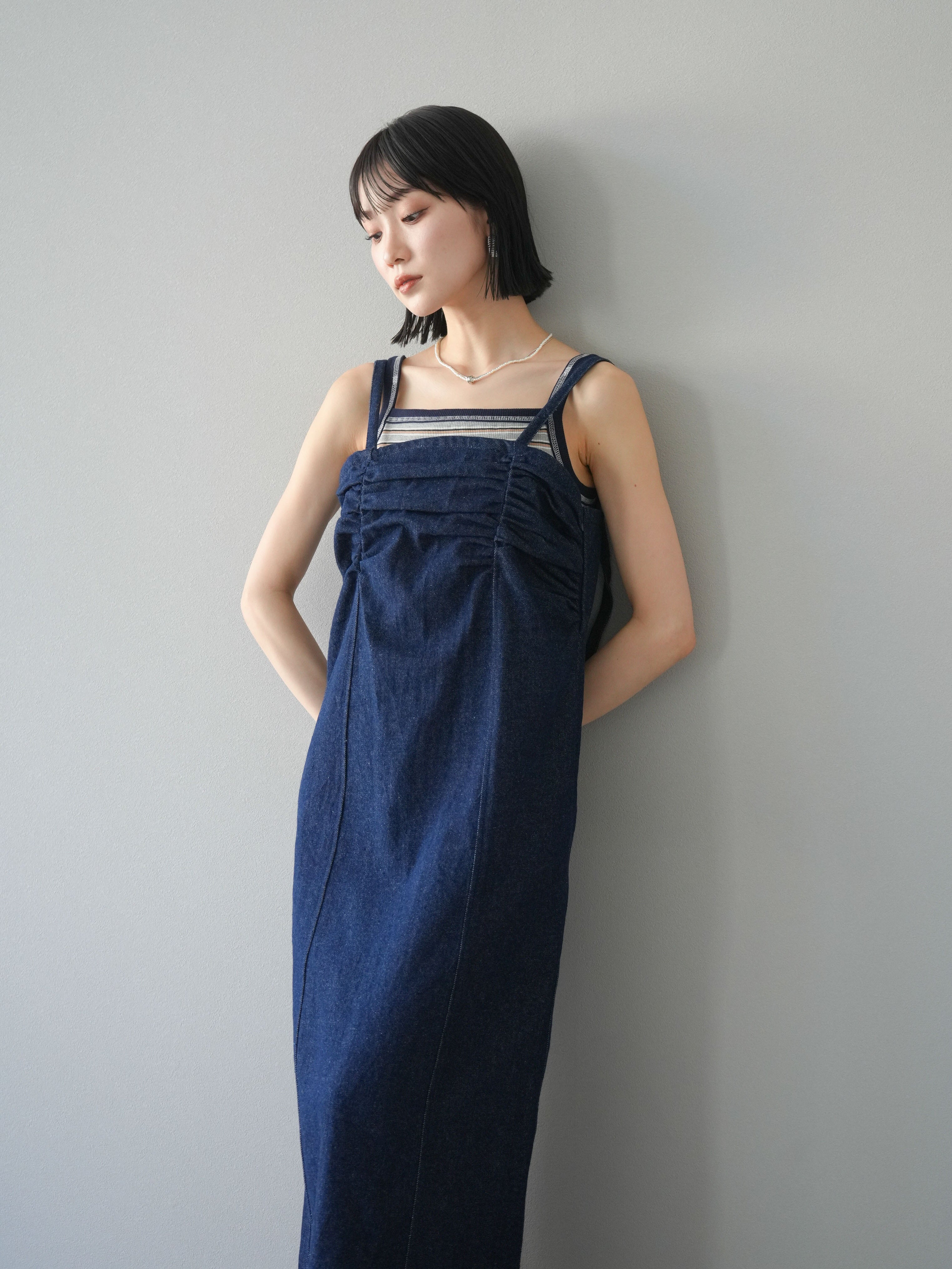 45R デニム ワンピース ギャザー インディゴ 岡山県児島デニムのたっぷりギャザーワンピース／ボリューム満点