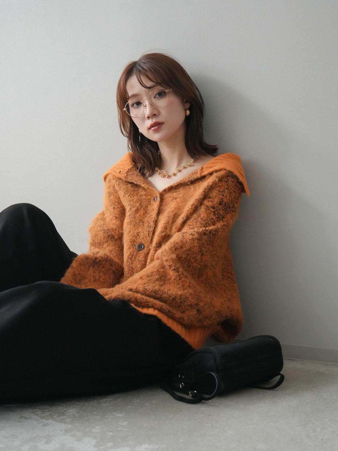 [予約]リブ切替メランジニットカーディガン/orange