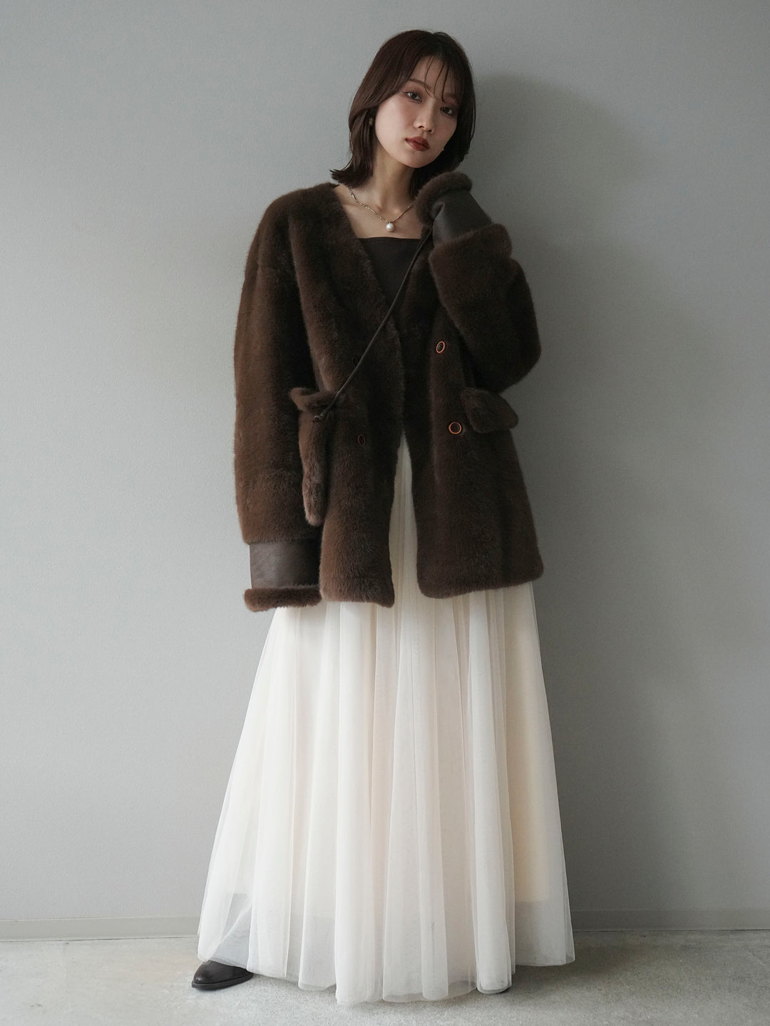 [SET]バッグ付エコファーノーカラーコート+チュールボリュームスカート(2set)