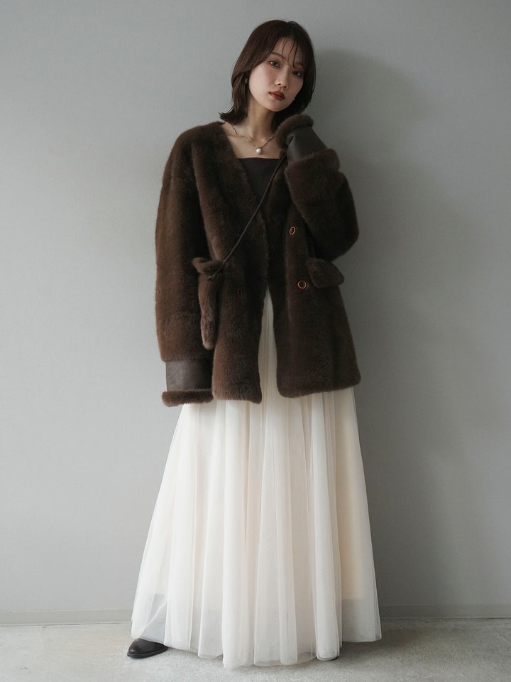 [SET]バッグ付エコファーノーカラーコート+チュールボリュームスカート(2set)