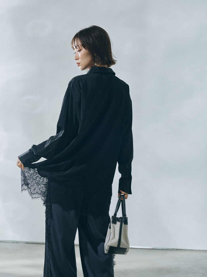 【Allure】[SET]裾レースポプリンシャツ+サイドピンタックレースイージーワイドパンツ(2set)