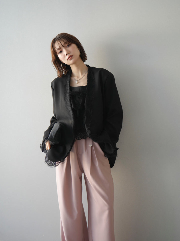 [SET]ノーカラーレースジャケット+スカラップレースフリルキャミソール+ベルト付キーホルダーモチーフワイドパンツ(3set)