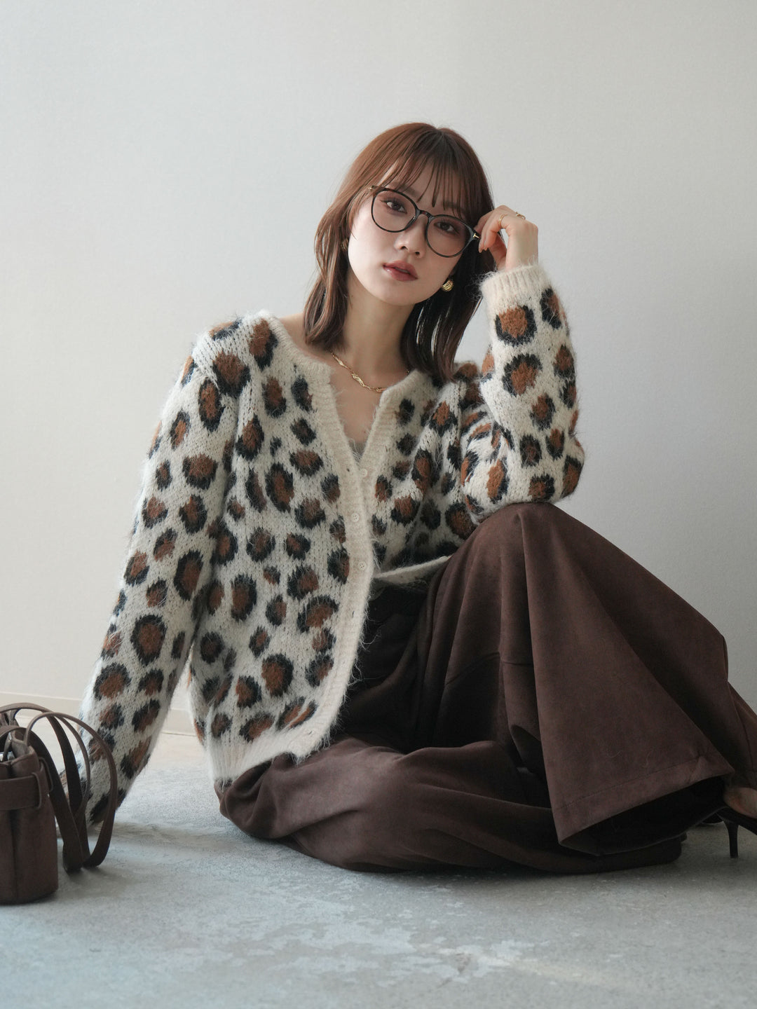 [SET]モヘアタッチレオパード柄ニットカーディガン+モヘアタッチレオパード柄ニットカーディガン(2set)