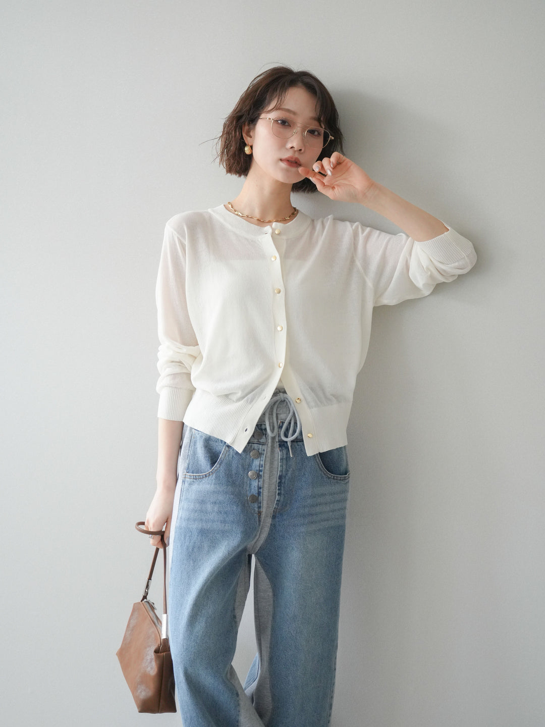 [予約]ゴールドボタンシアーニットカーディガン/offwhite