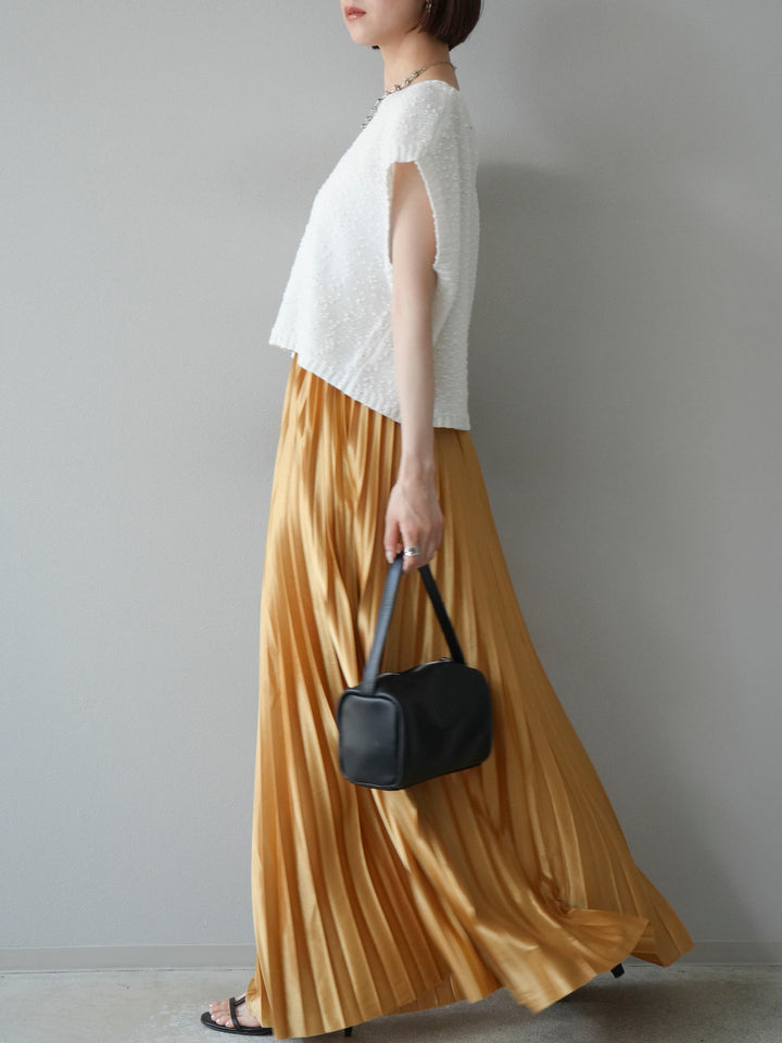 [SET]ネップヤーンクロップドニットベスト+サテンプリーツマキシスカート(2set)