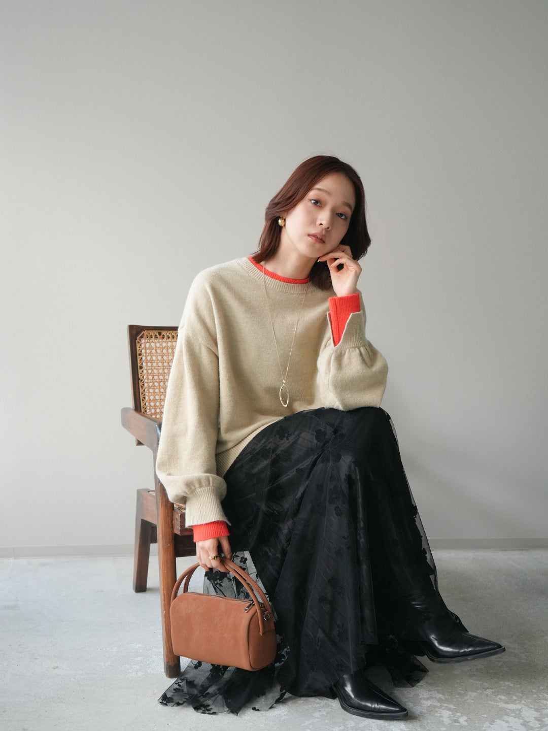 [SET]ヘンリーネック配色レイヤードニットプルオーバー+フラワーフロッキーチュールプリーツスカート(2set)