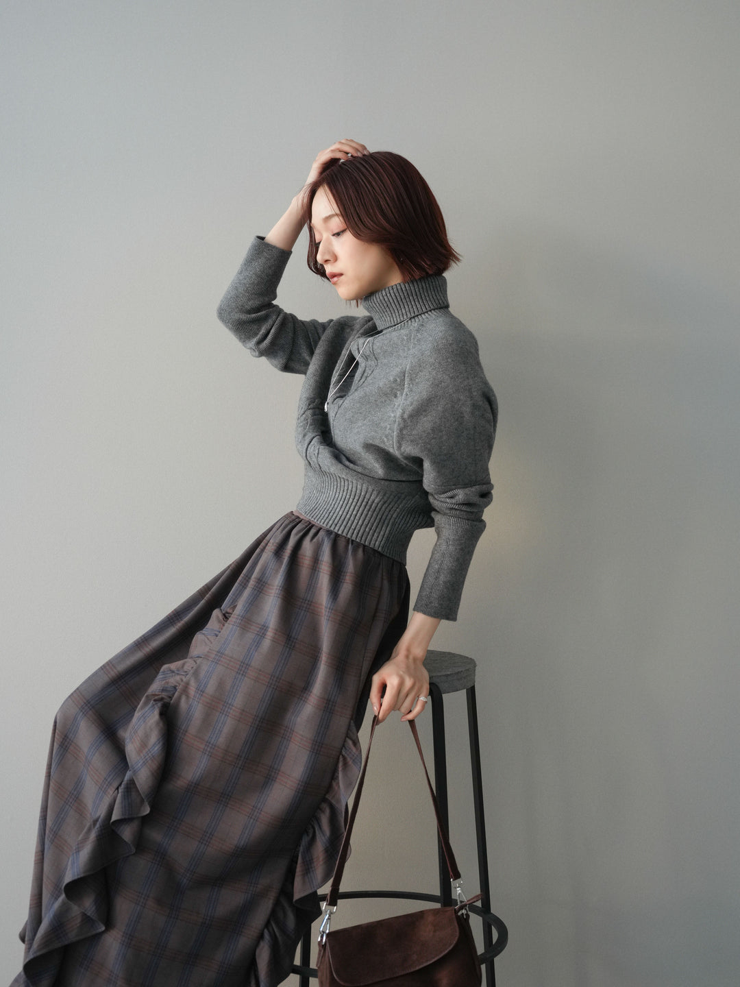 [予約]ケーブル編みタートルハーフスリーブニットアンサンブル/gray