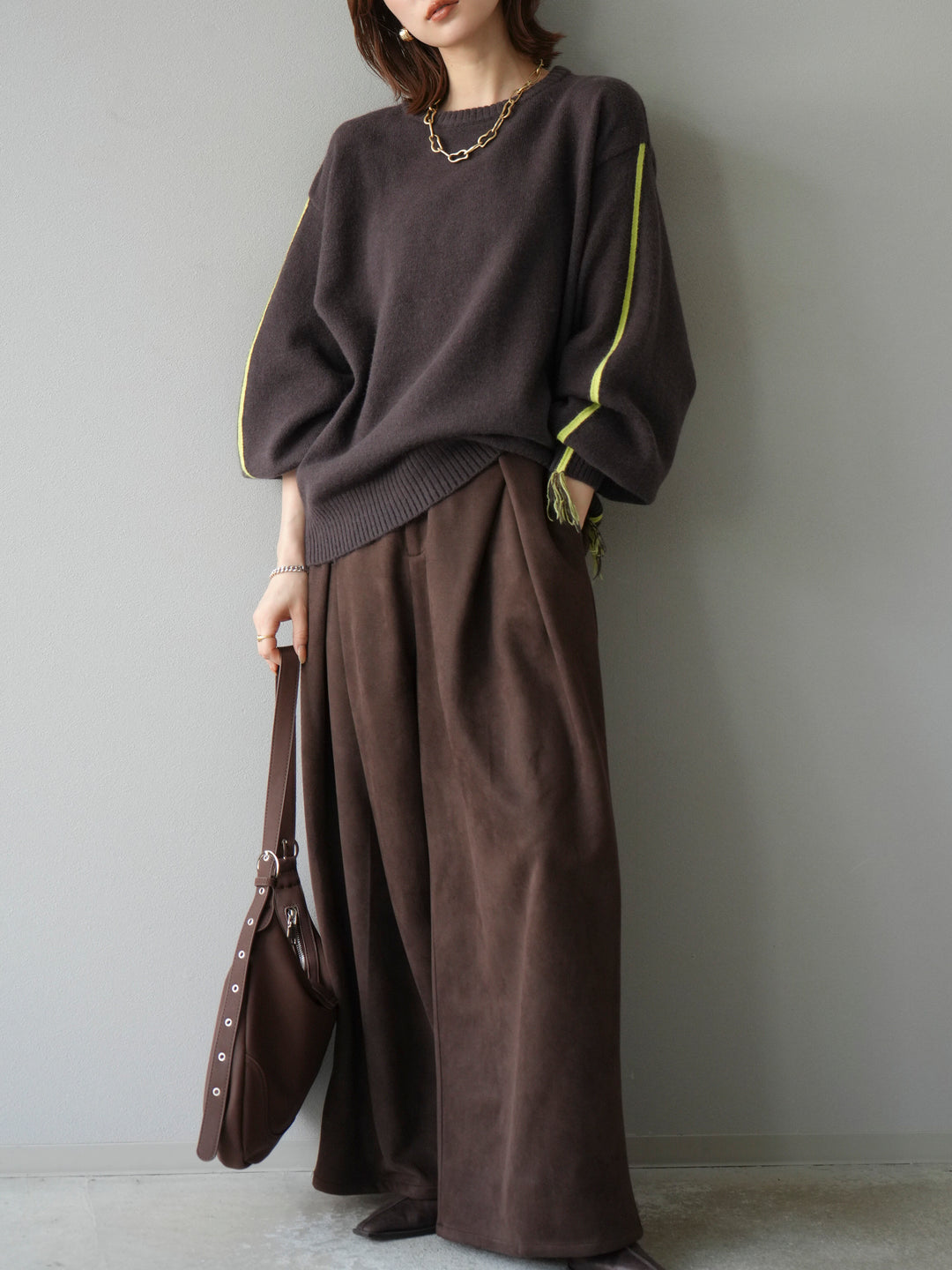 [予約]配色ステッチフリンジニットプルオーバー /ブラウン