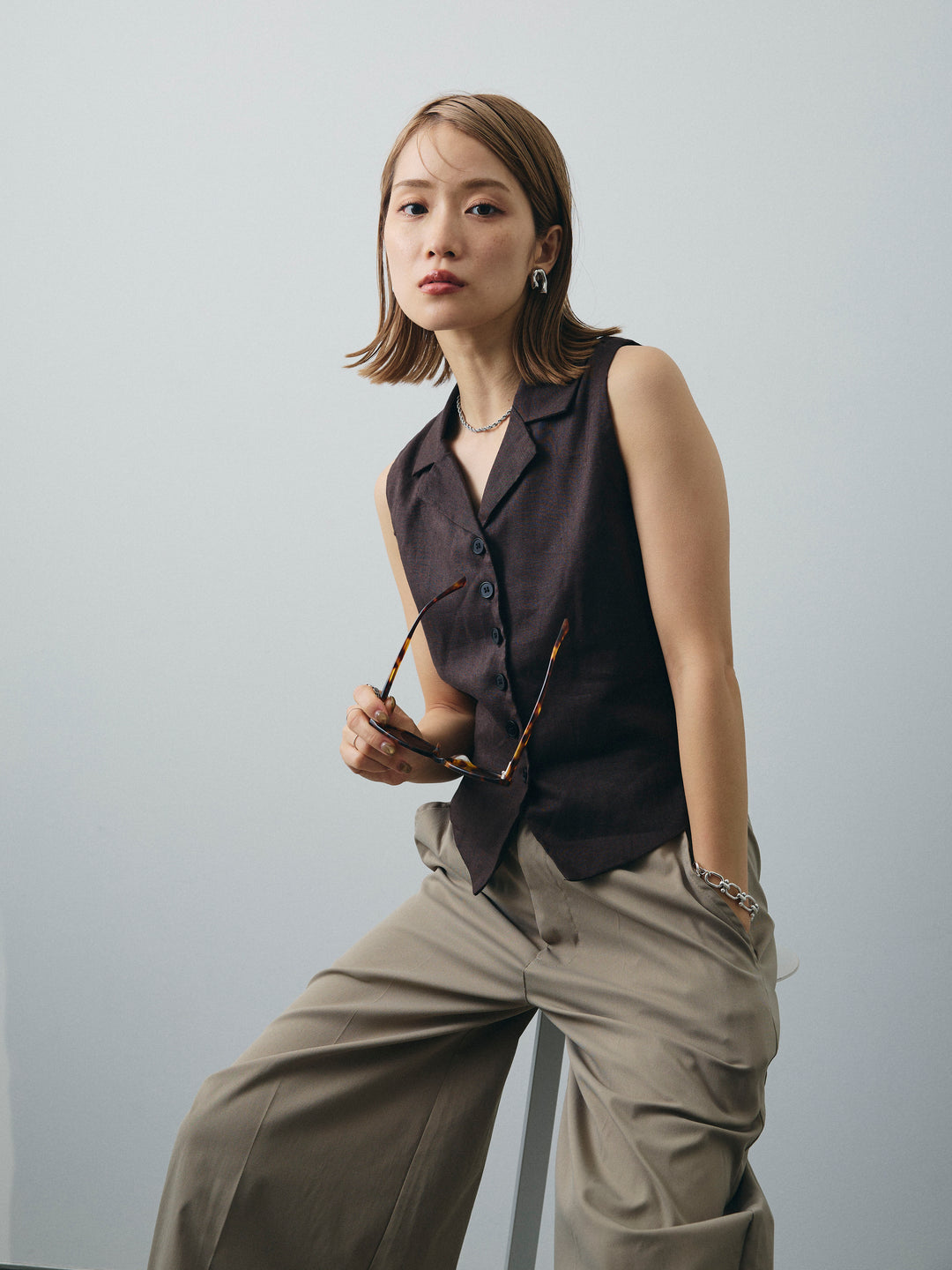 [SET]リネンライクテーラードジレ+コクーンワイドチノパンツ(2set)