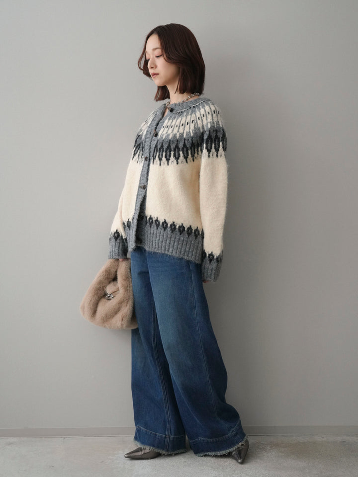 [SET]トグルボタン求心柄ニットカーディガン+裏起毛裾フリンジワイドデニムパンツ(2set)