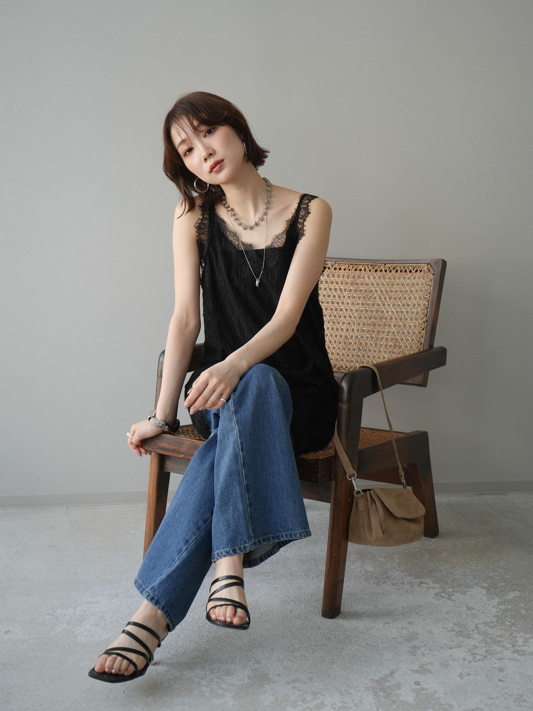 [予約]レース切替ジャガードニットロングキャミソール/black