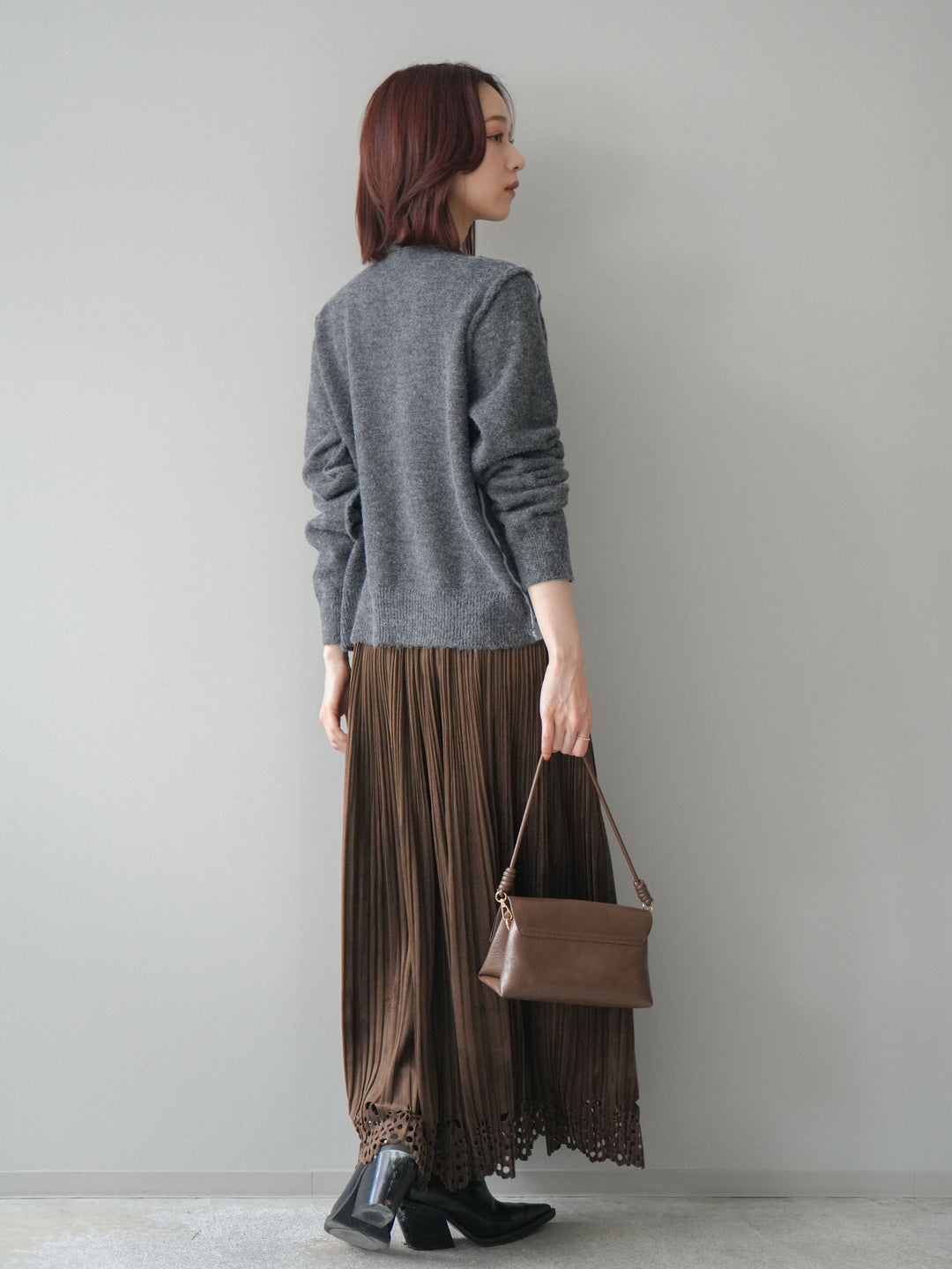 [予約]パンチングデザインスエードプリーツスカート/brown