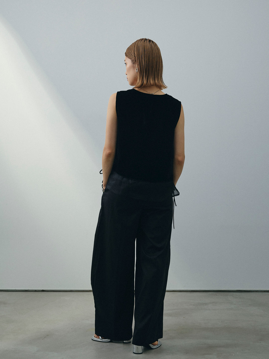 [SET]裾チュールベロアノースリーブプルオーバー+コクーンワイドチノパンツ(2set)