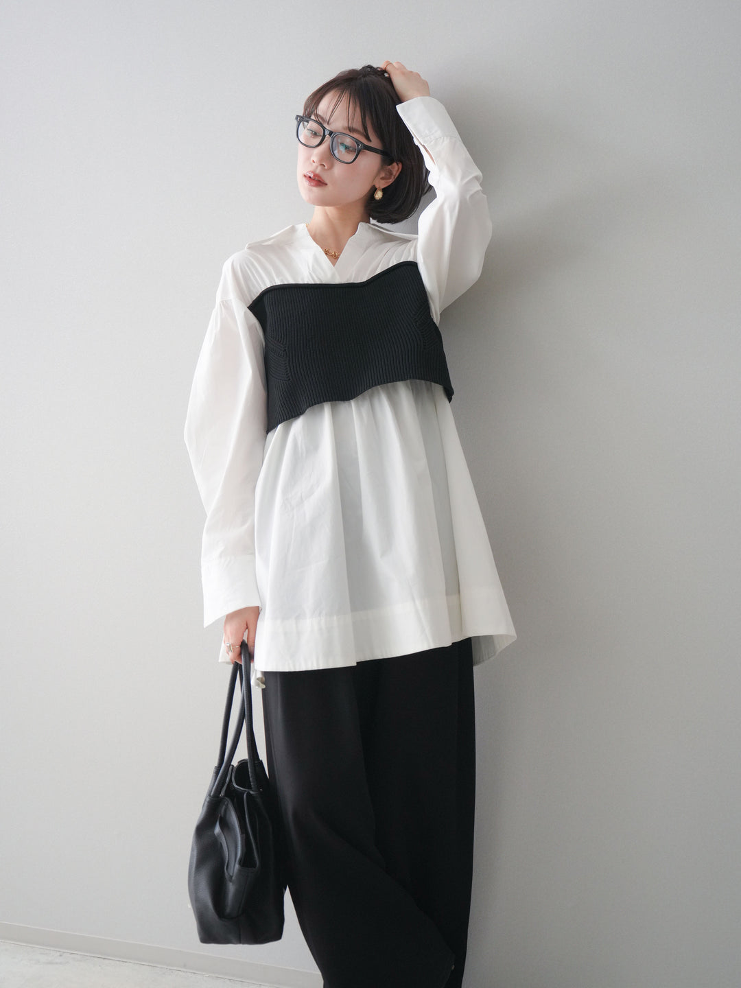 [予約]ニットビスチェドッキングフレアシャツチュニック/offwhite