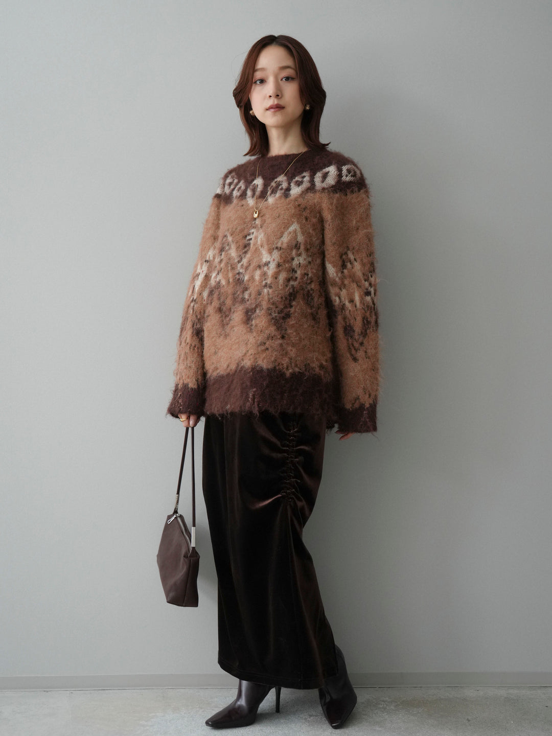 [SET]シャギーニュアンス柄ニットプルオーバー+ギャザーベロアスカート(2set)