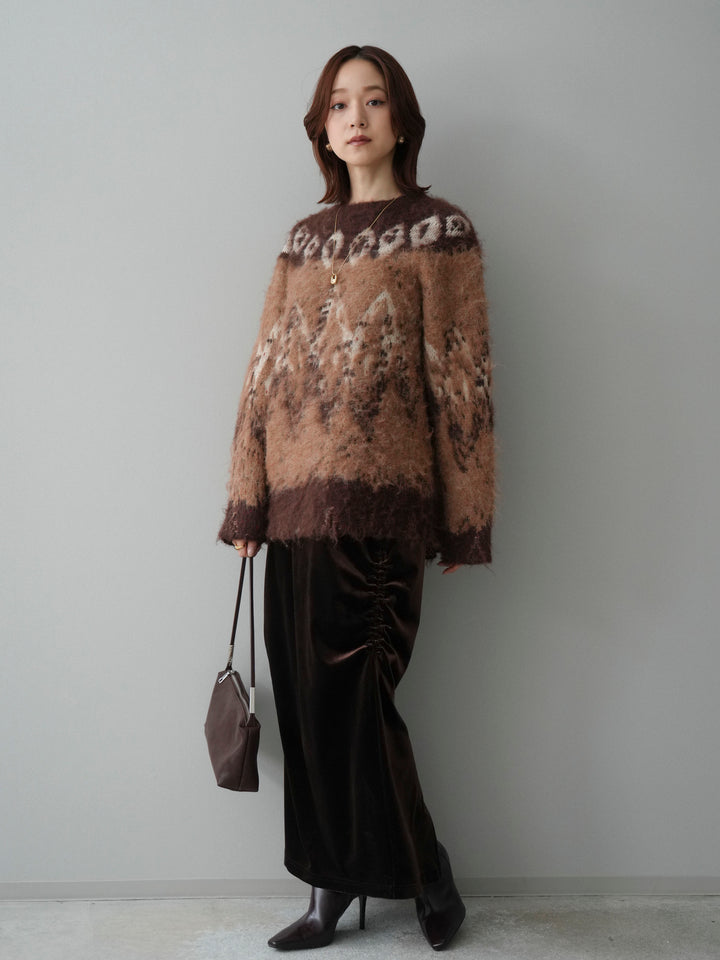 [SET]シャギーニュアンス柄ニットプルオーバー+ギャザーベロアスカート(2set)