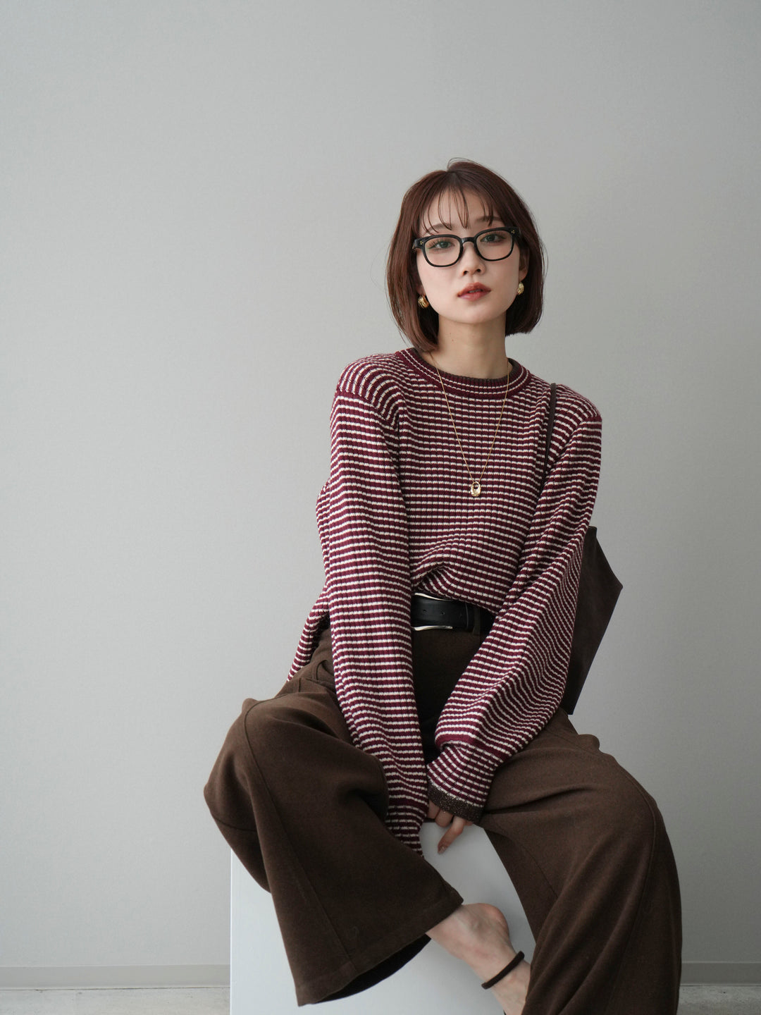 [予約]ラメ異素材ボーダーリブニットプルオーバー/bordeaux×brown