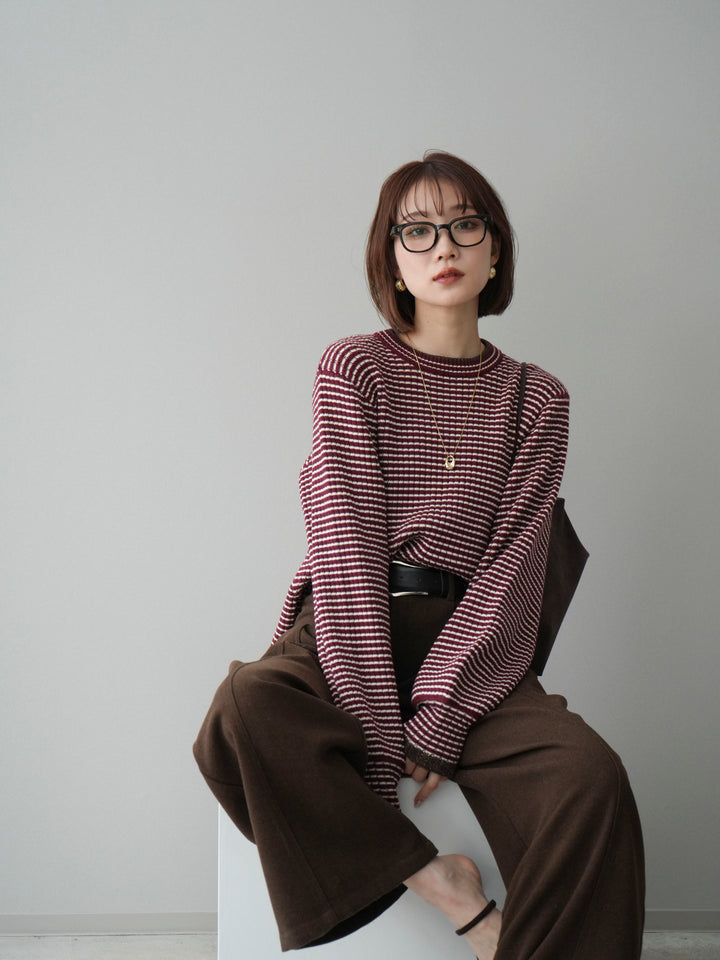 [予約]ラメ異素材ボーダーリブニットプルオーバー/bordeaux×brown