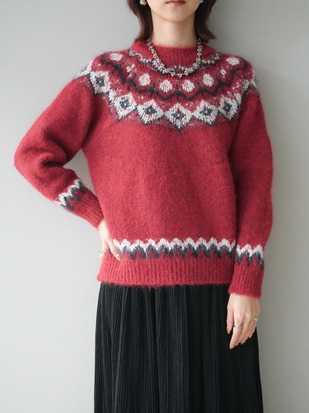 [SET]ソフトタッチ求心柄ニットプルオーバー+裾レーススウェードプリーツマキシスカート(2set)