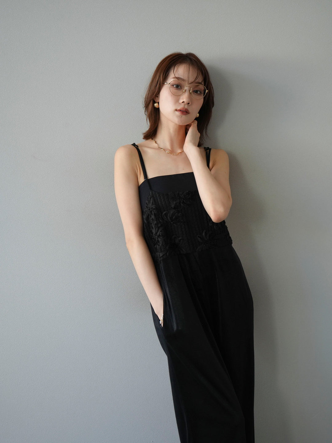 [予約]ジャガード切替ベロアサロペット/ブラック