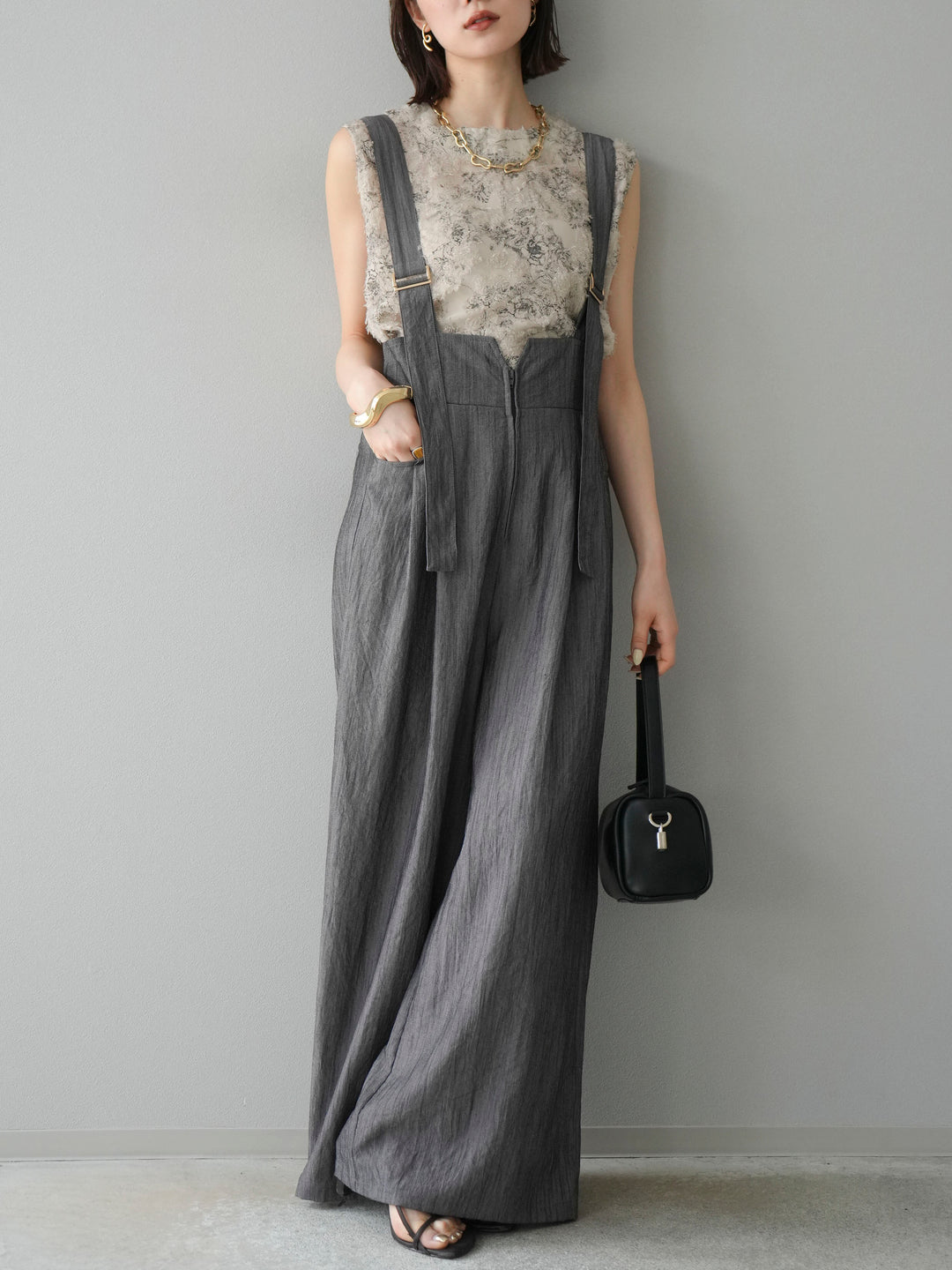 [予約]ストリングデザインハイウエストサロペット/チャコール