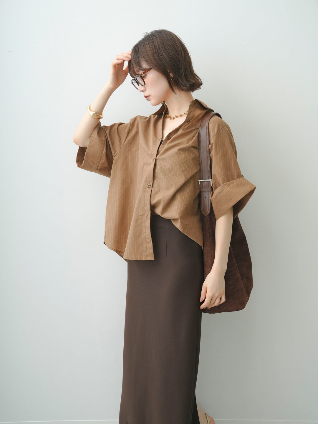[予約]ストライプハーフオーバーシャツ/brown
