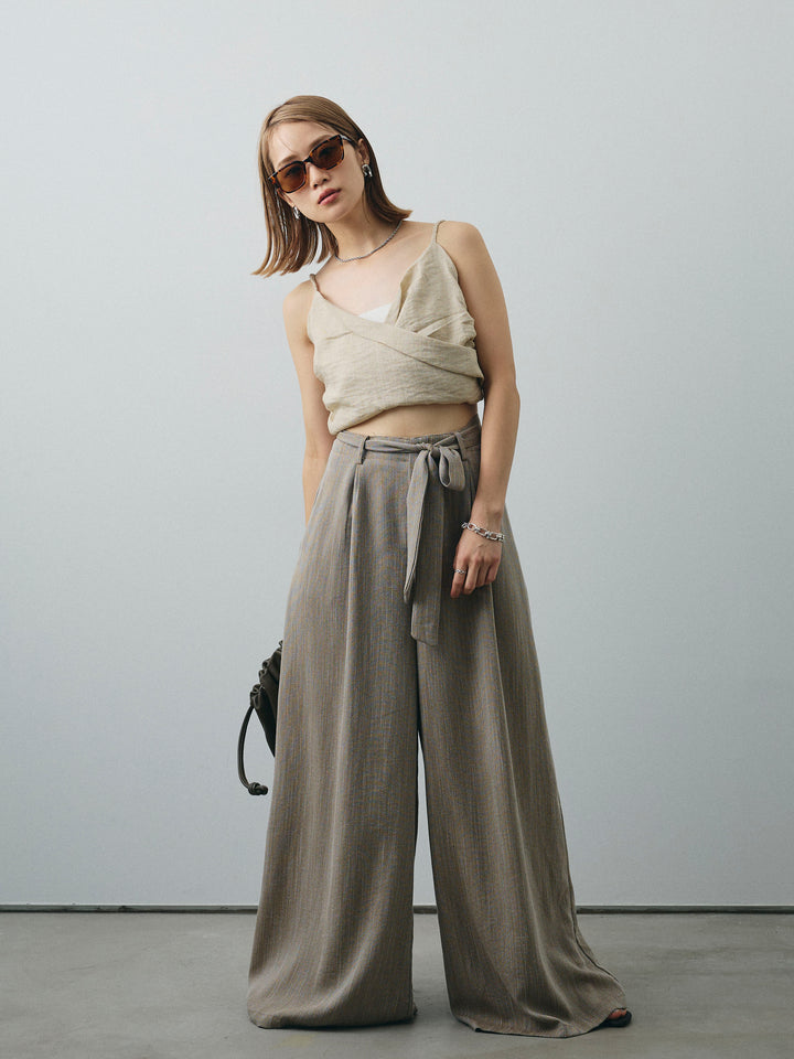 [SET]リネンライクカシュクールデザインビスチェ+リネンライクウエストリボンワイドパンツ(2set)