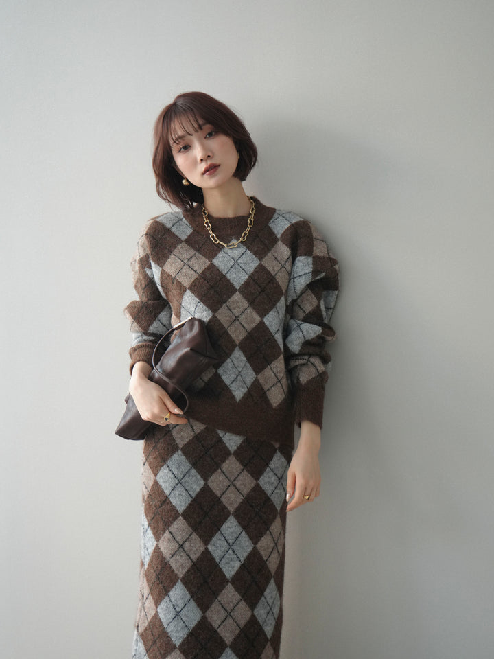 [SET]アーガイルニットプルオーバー&ロングスカートSET UP+選べるアクセセット(2set)