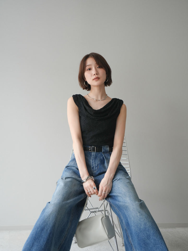 [予約]レースドレープネックアシメトップス/black