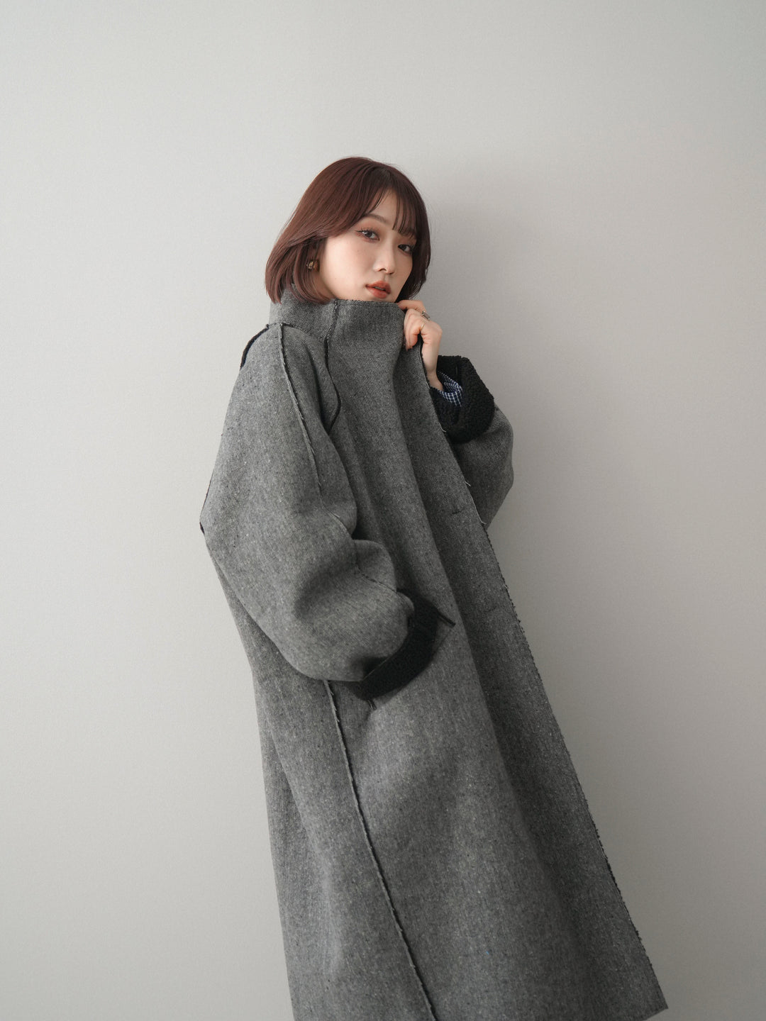 [SET]チェック襟xスエットミニワンピース+アウトシーム裏ボアコート(2set)