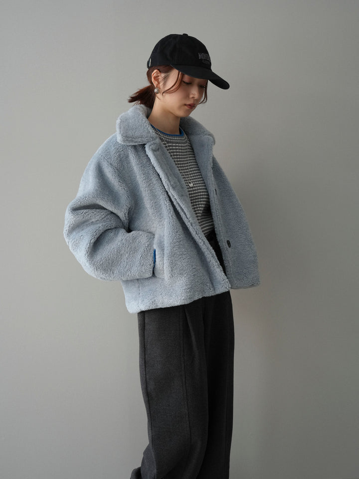 [SET]エコファーステンカラージャケット+ラメ異素材ボーダーリブニットプルオーバー+ベルト付起毛コクーンパンツ(3set)