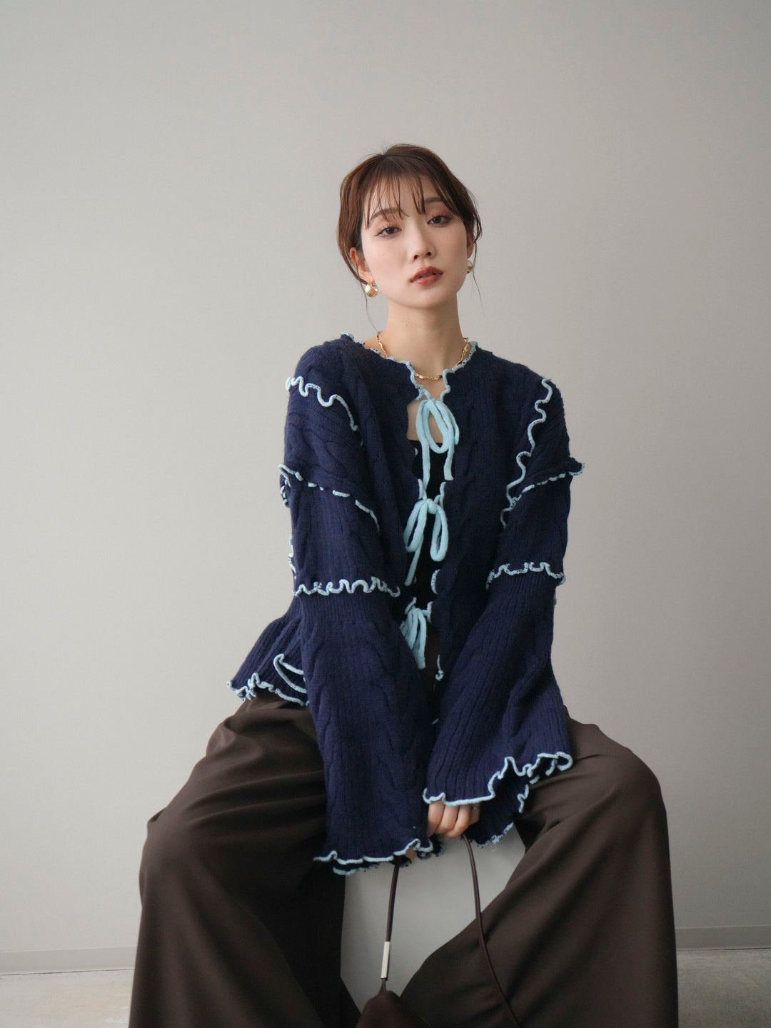 [予約]フロントリボン配色メローニットカーディガン/navy