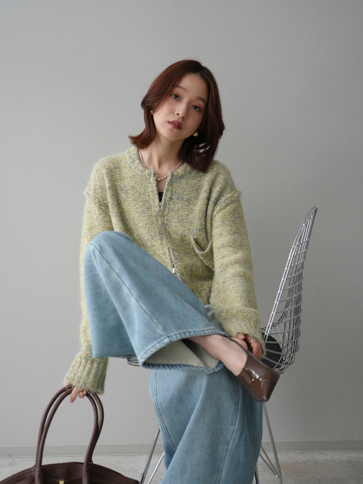 [SET]ミックスヤーンダブルZIPニットカーディガン+ベルト付裏起毛カーブデニムパンツ(2set)