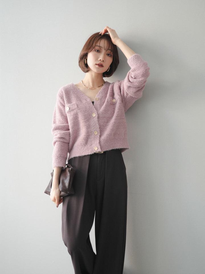 [SET]ゴールドボタンモールニットカーディガン+ベルトループデザインワイドパンツ(2set)