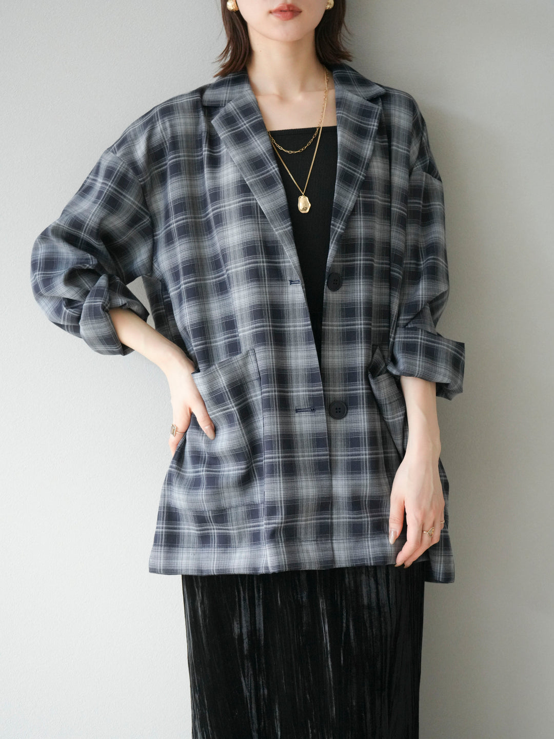 [予約]チェックシャツジャケット/ネイビー