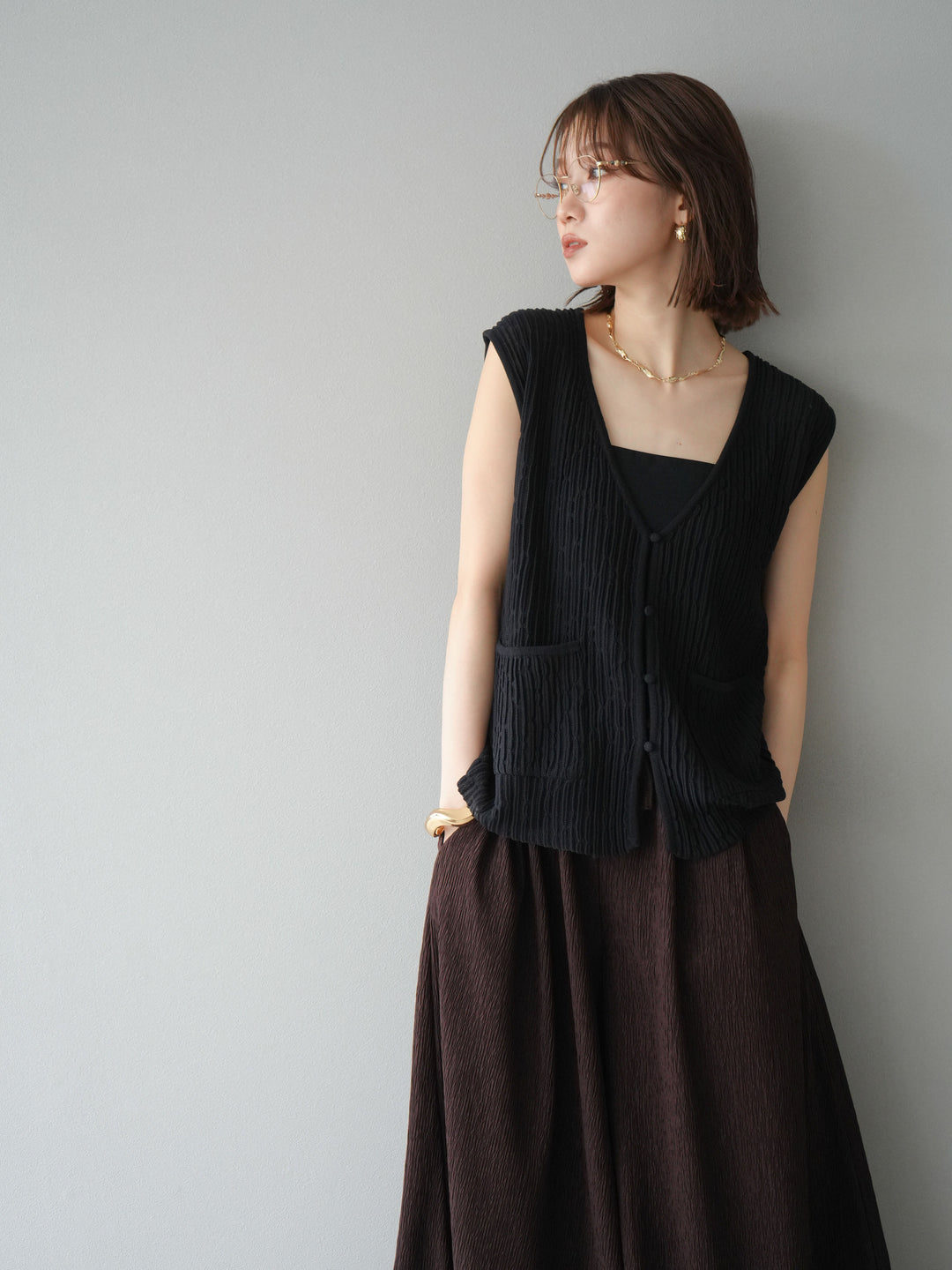 [SET] 波浪夏季針織背心+柳葉寬腿褲（2件套）