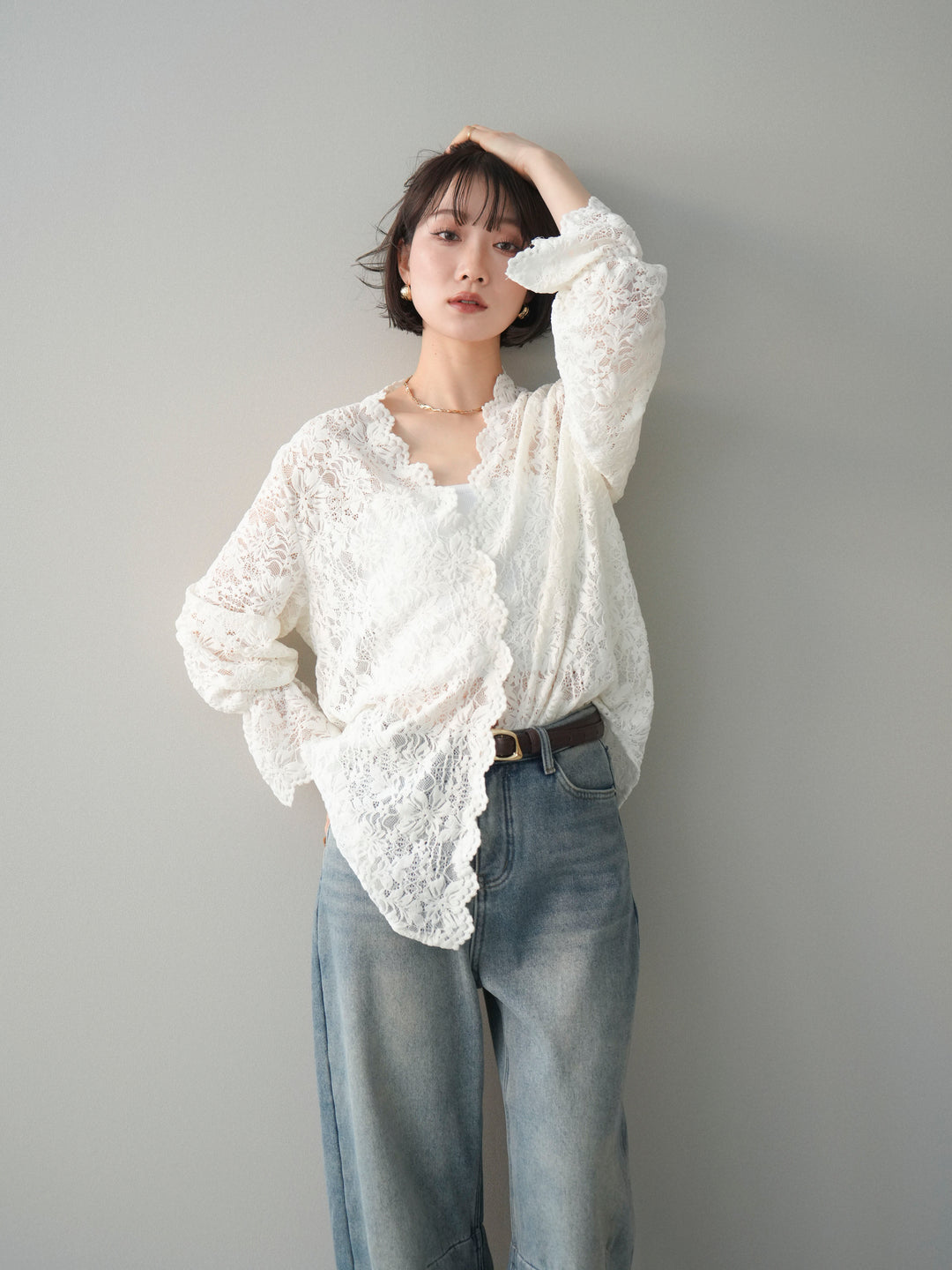 [SET]Vネックレースブラウス+裏起毛カットオフカーブデニムパンツ(2set)