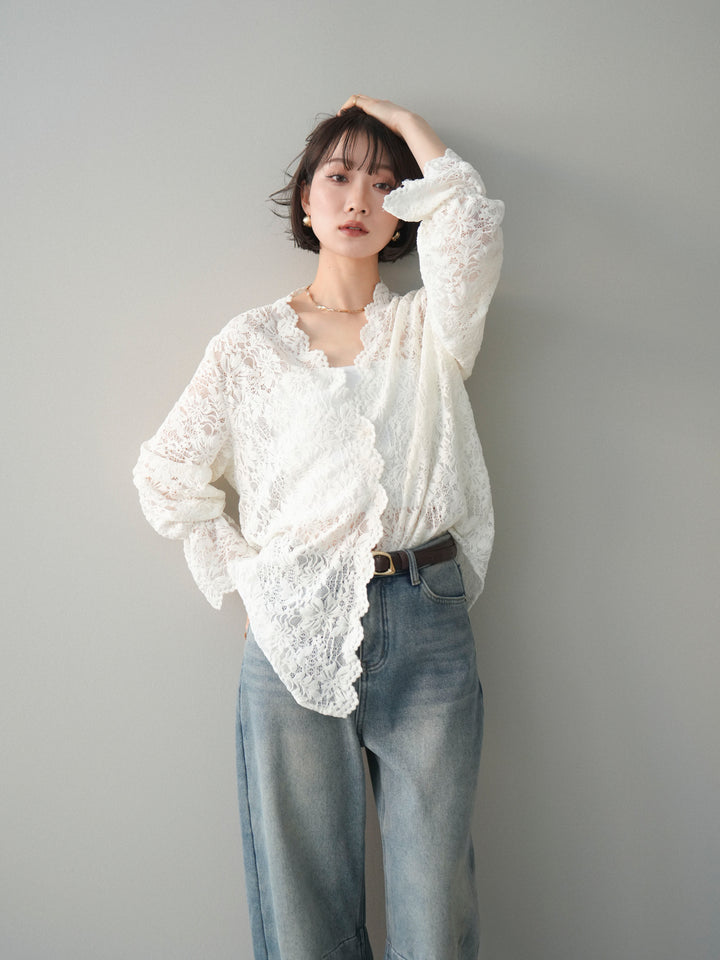 [SET]Vネックレースブラウス+裏起毛カットオフカーブデニムパンツ(2set)