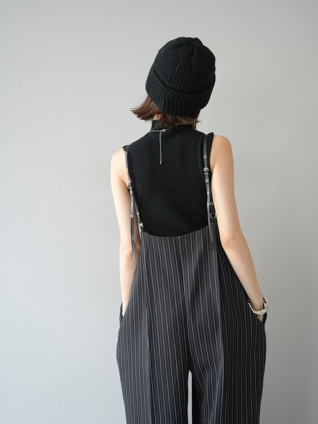 [予約]ヘリンボーンストライプサロペット/ブラック