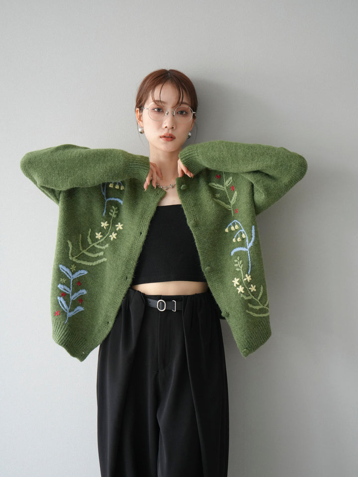 [SET]フラワー刺繍ニットカーディガン+ベルト付タックワイドパンツ(2set)