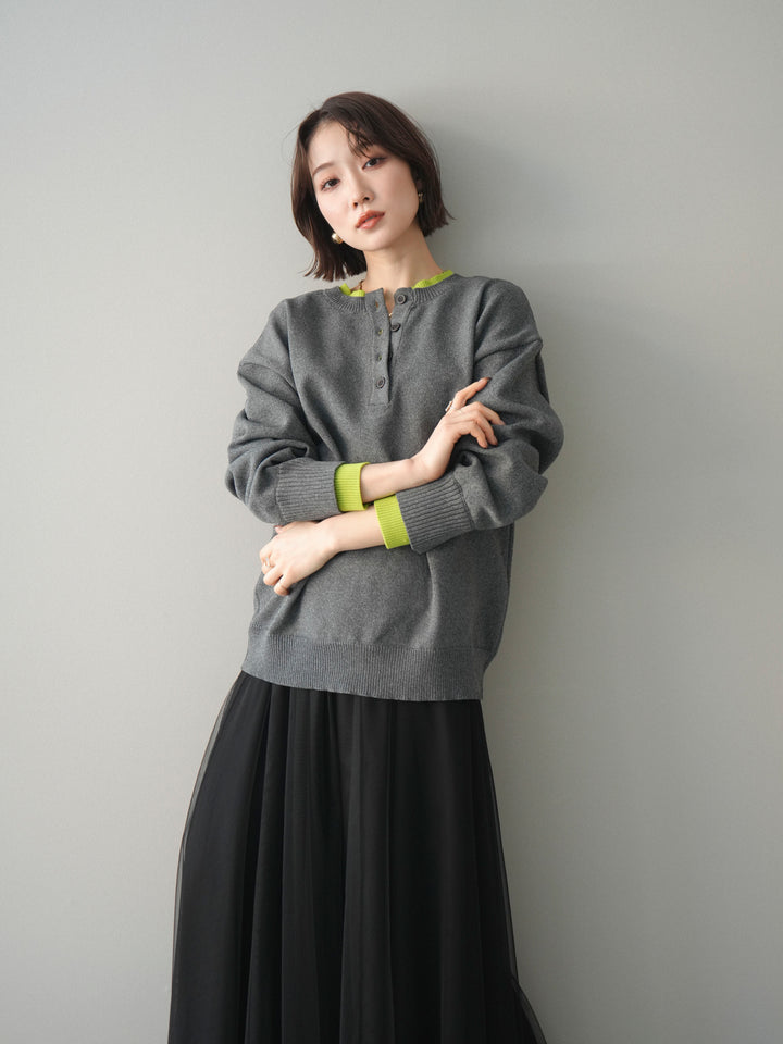 [予約]2WAYネック配色レイヤードニットプルオーバー/charcoal