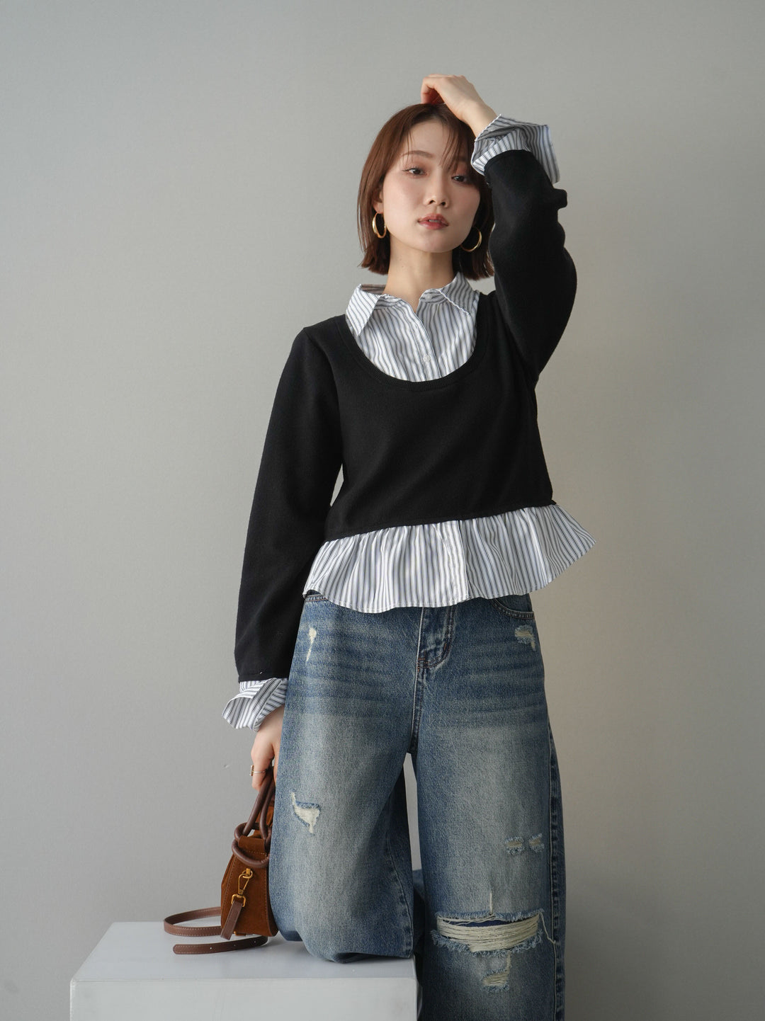 [予約]ストライプシャツUネックドッキングニットプルオーバー/blackoffstripe