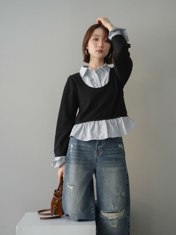 [予約]ストライプシャツUネックドッキングニットプルオーバー/blackoffstripe